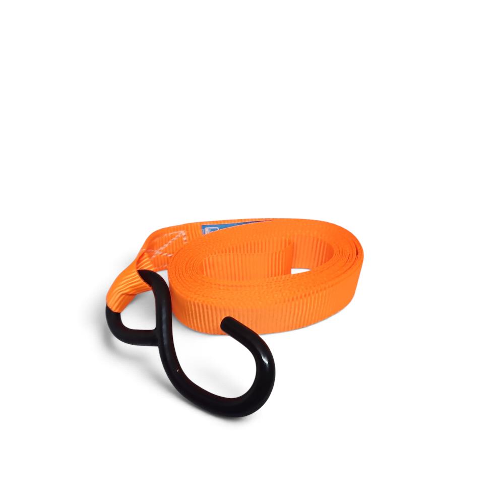 Orange ratchet tie-down strap with S hooks