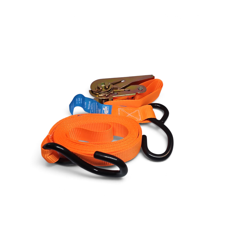 Orange ratchet tie-down strap with S hooks