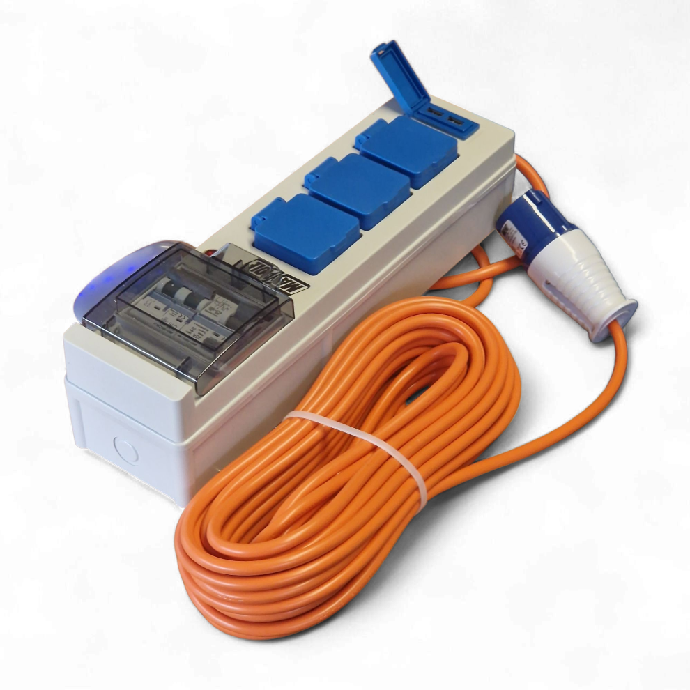 Caravan Mains Kit with Three UK 3 Pin Sockets and 15m Extension Cable