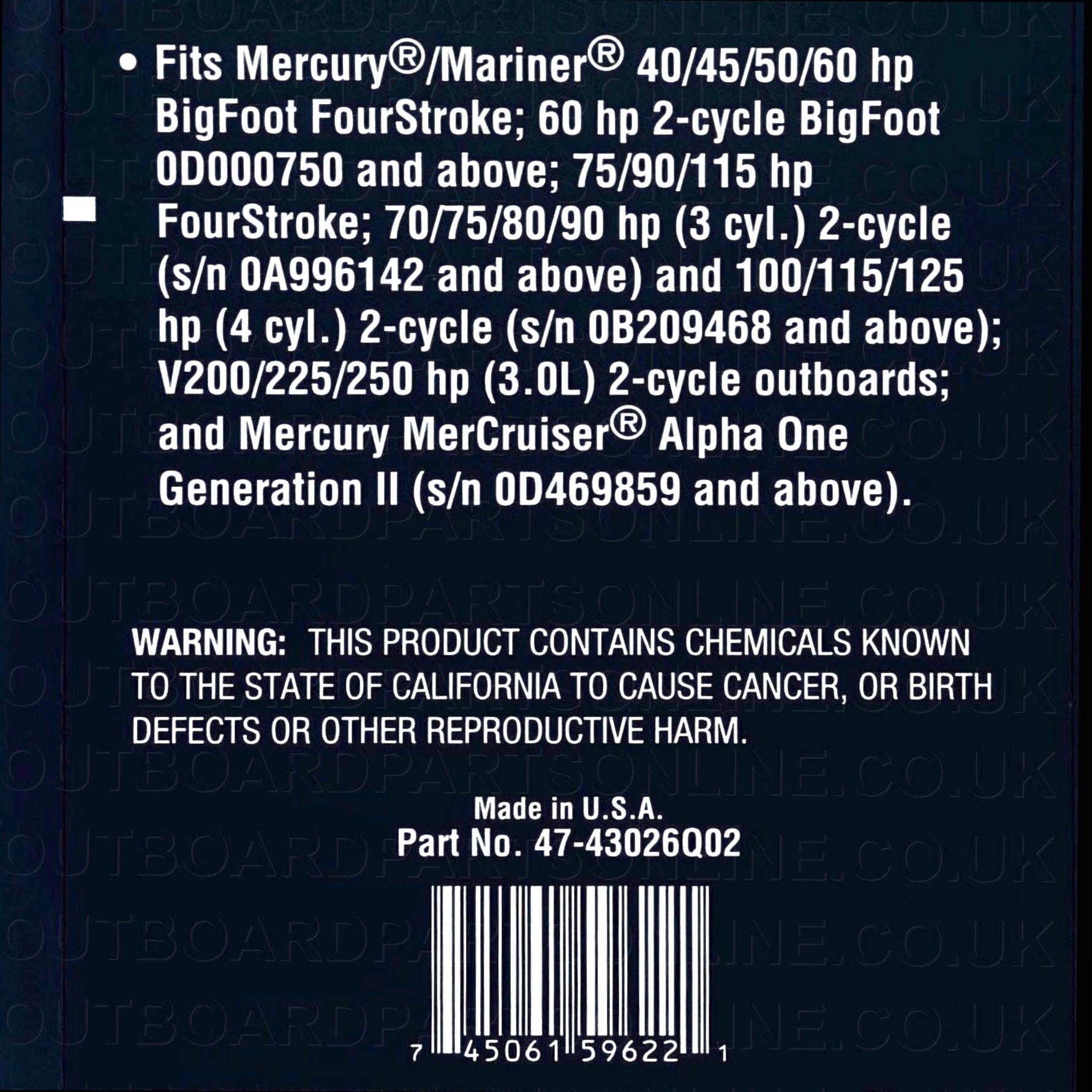 Genuine Mercury/Mariner 75-300hp Impeller fitting list
