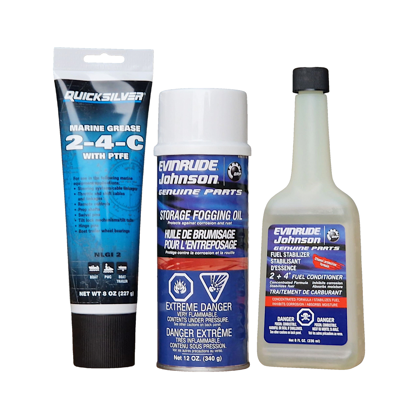 Three automotive parts products including a tube, can, and bottle on a white background