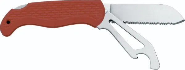 Multitool with red handle and metal blade and tools on a white background