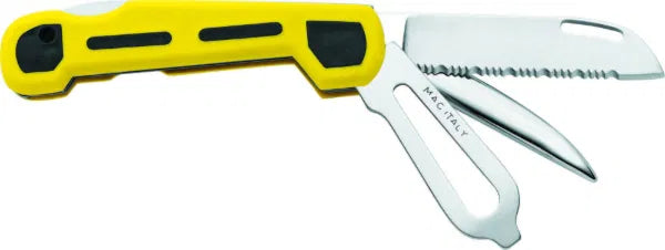 Multitool with yellow handle and silver blade on a white background