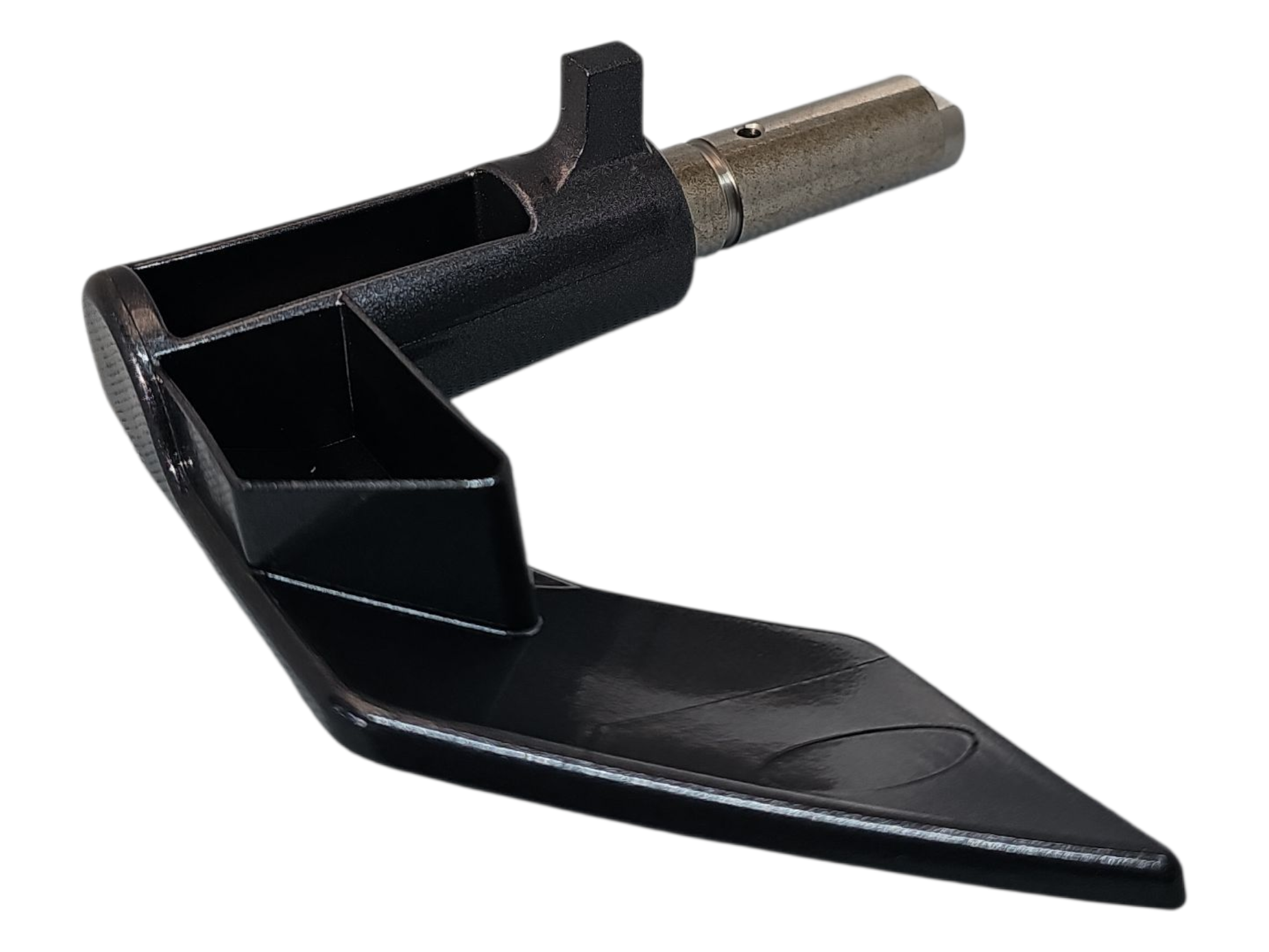 Black metal tool with a pointed end on a white background