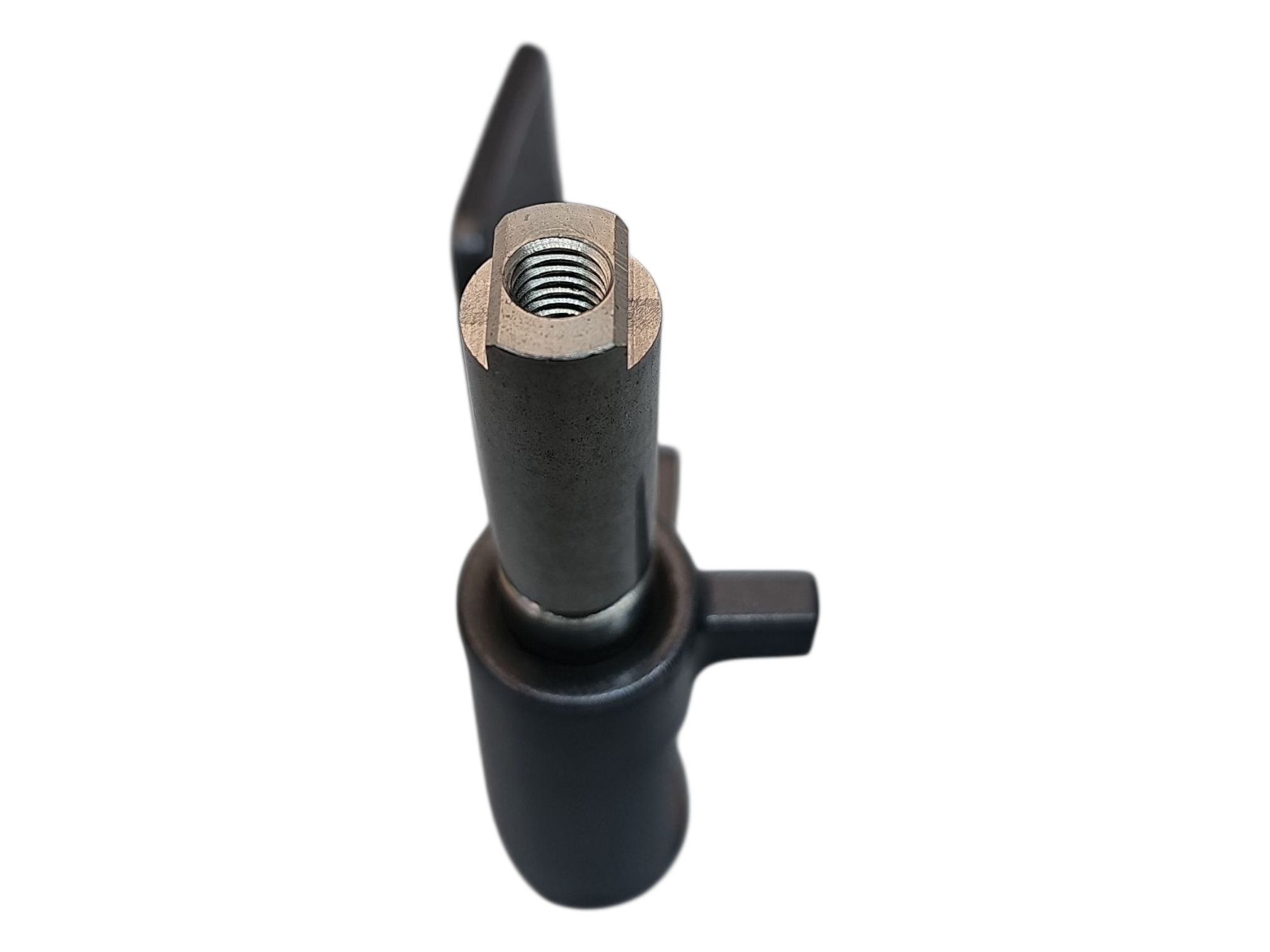 Black metal tool with threaded end on a white background