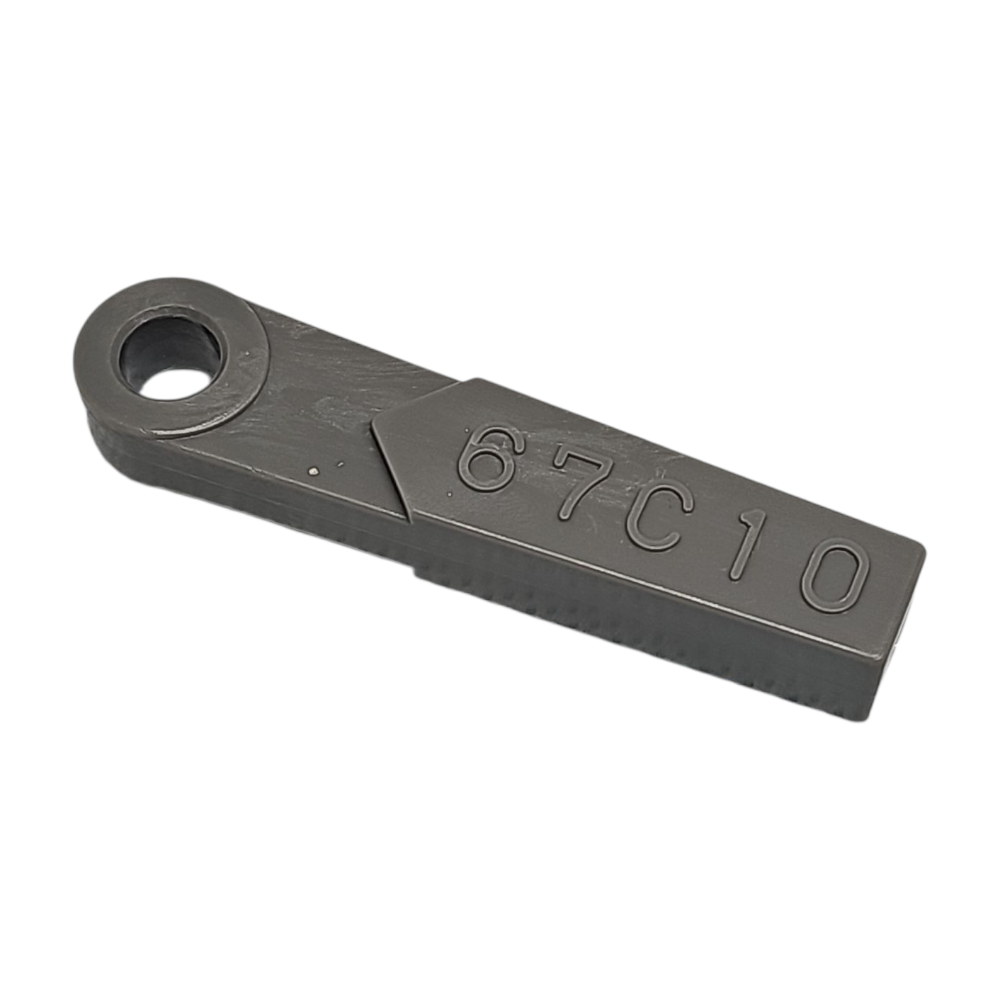 Metal component with engraved numbers '67C10' on a white background