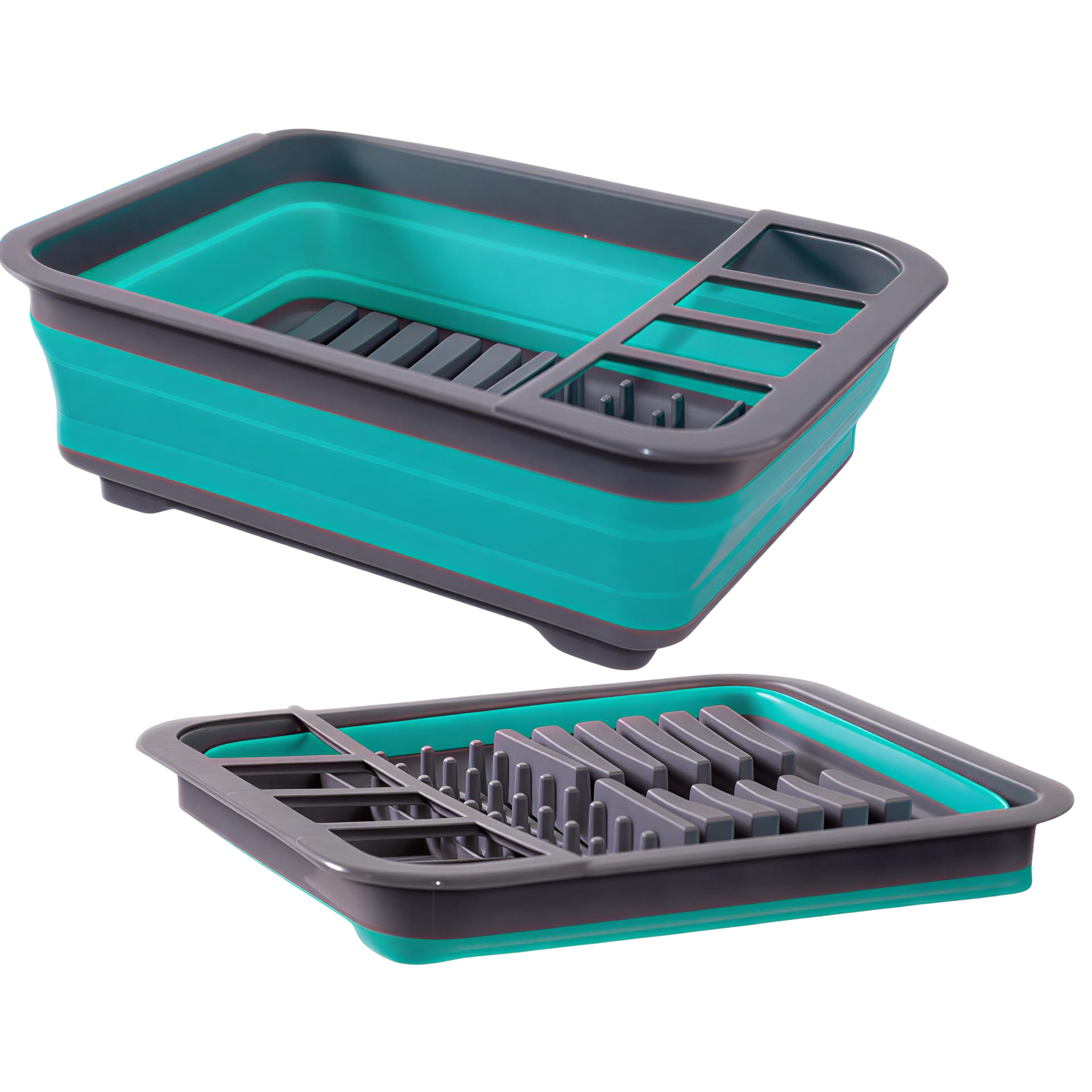 Collapsible dish rack with teal basin and gray frame on a white background