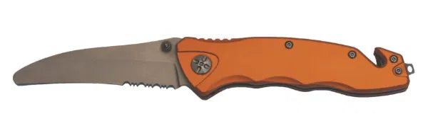 Folding knife with orange handle and silver blade on a white background