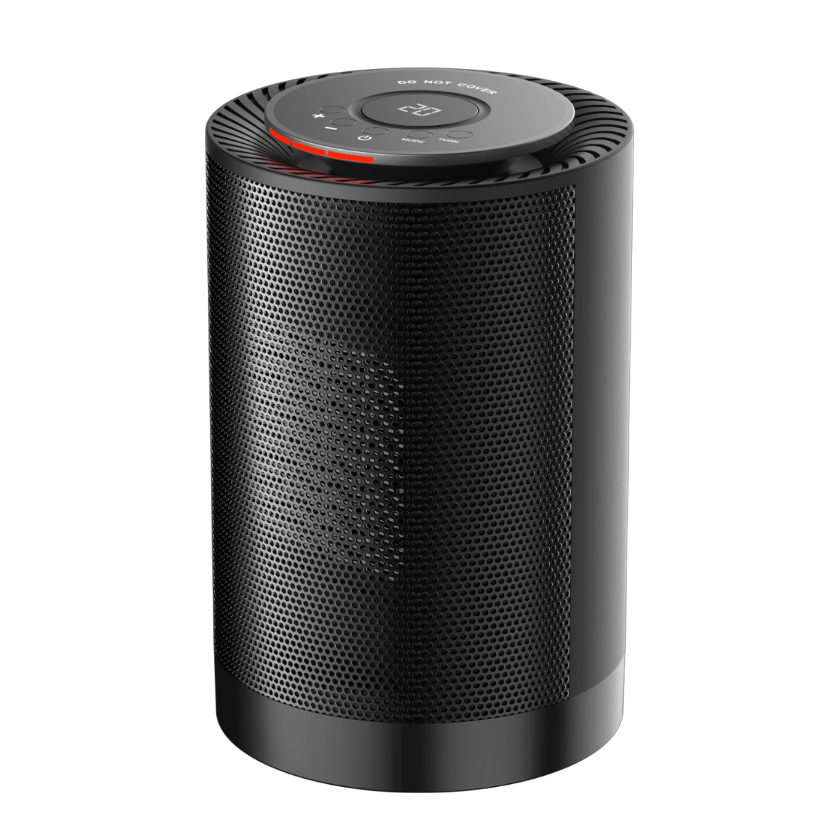 A black cylindrical smart heater with a perforated metal grille and a top control panel.