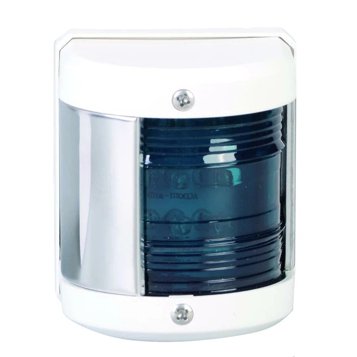 A white LED starboard light with a stainless steel cover plate, designed for watercraft use.