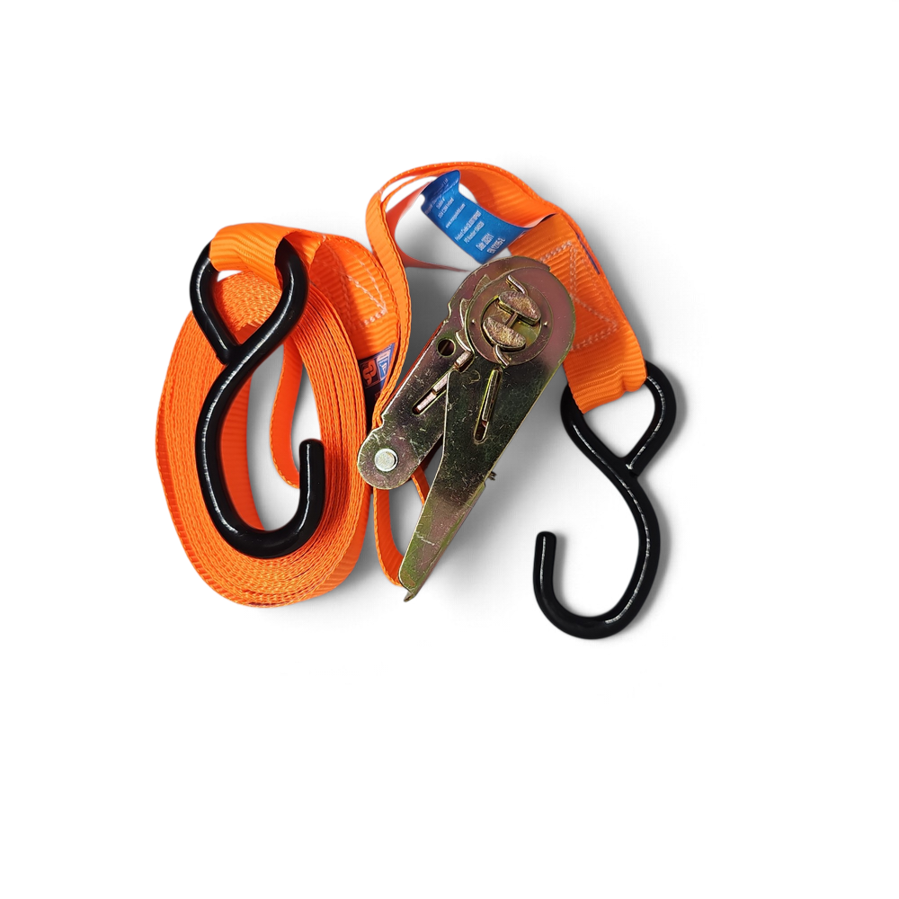 Orange ratchet tie-down strap with S hooks