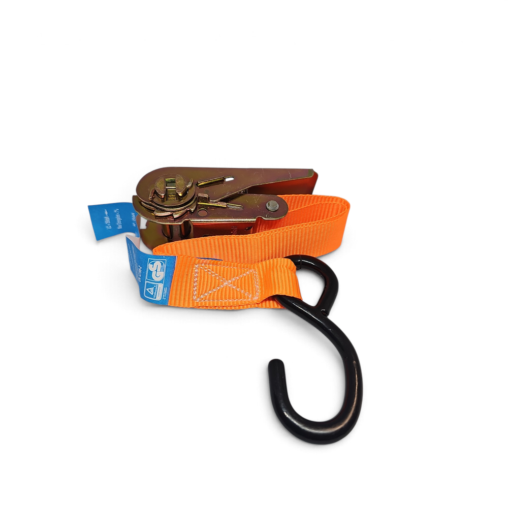 Orange ratchet tie-down strap with S hooks