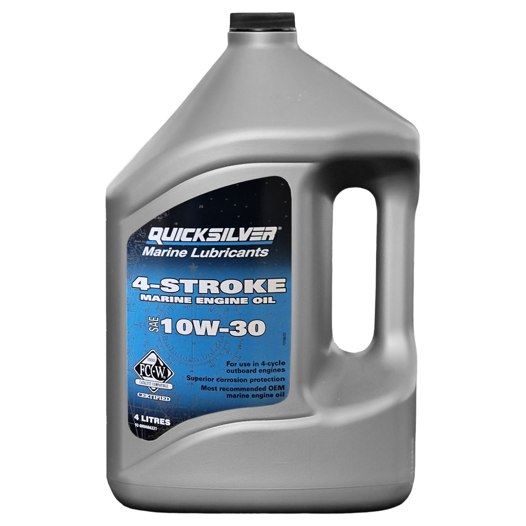 Genuine Quicksilver 10w-30 4-stroke marine engine oil.