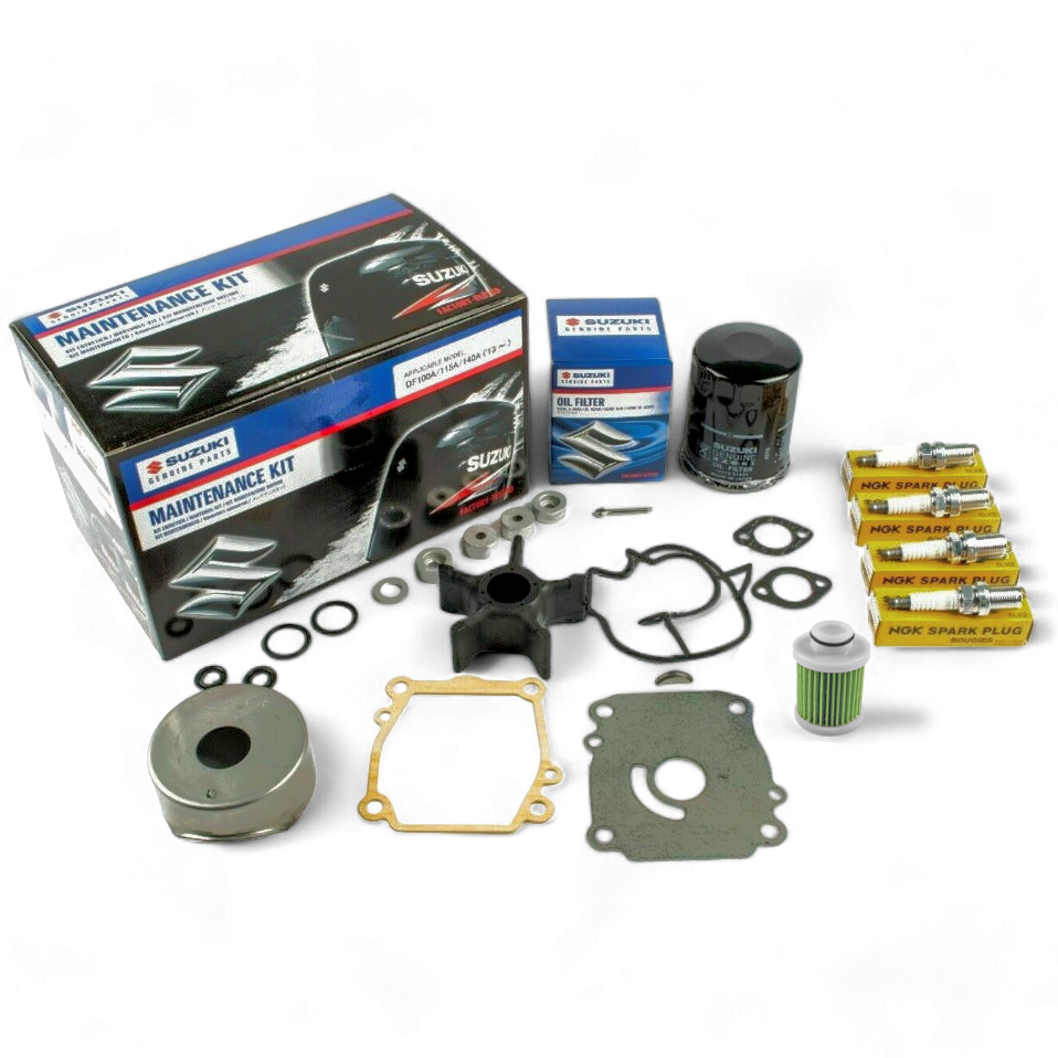 Outboard maintenance kit with various parts and Suzuki branded box on a white background