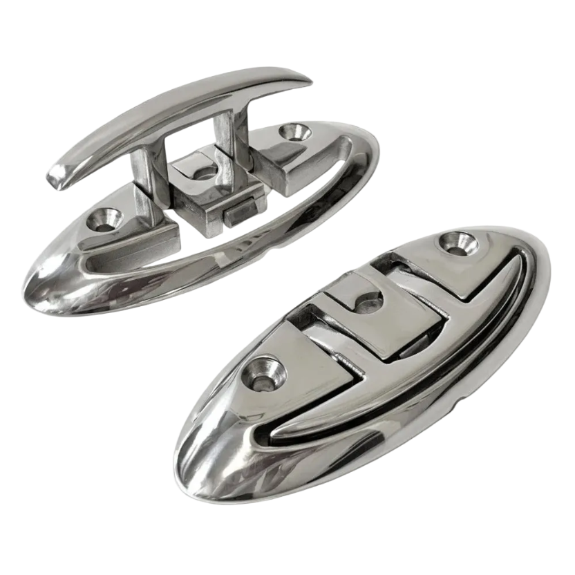 Two metallic boat cleats on a white background