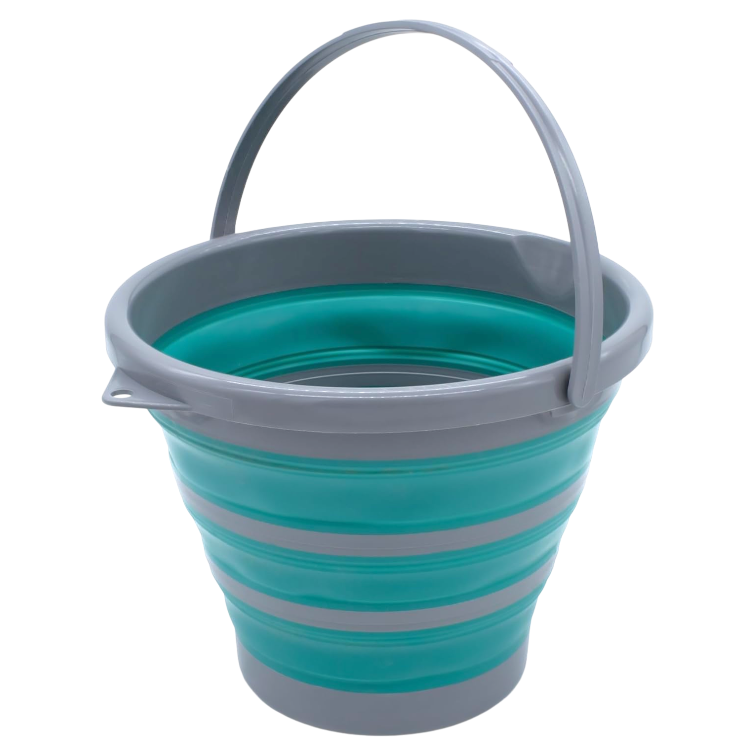 Collapsible teal bucket with gray handle on a white background