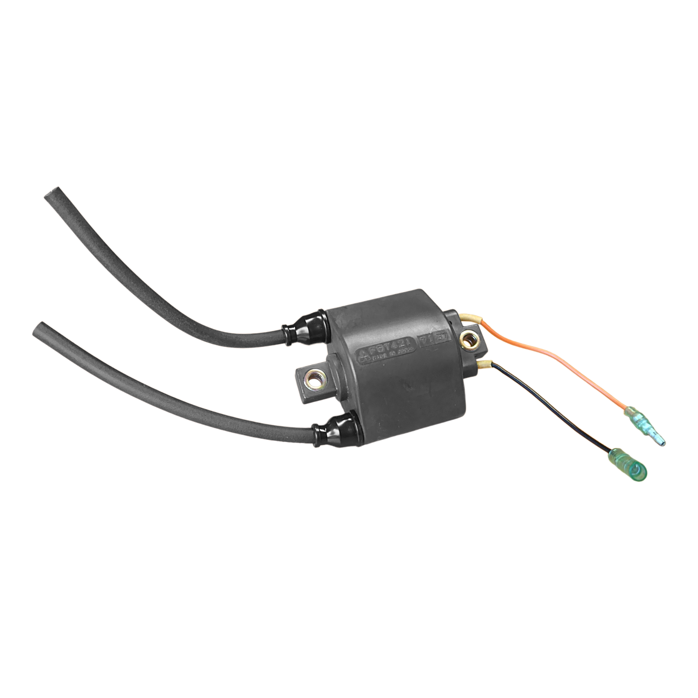 Black ignition coil with wires on a white background