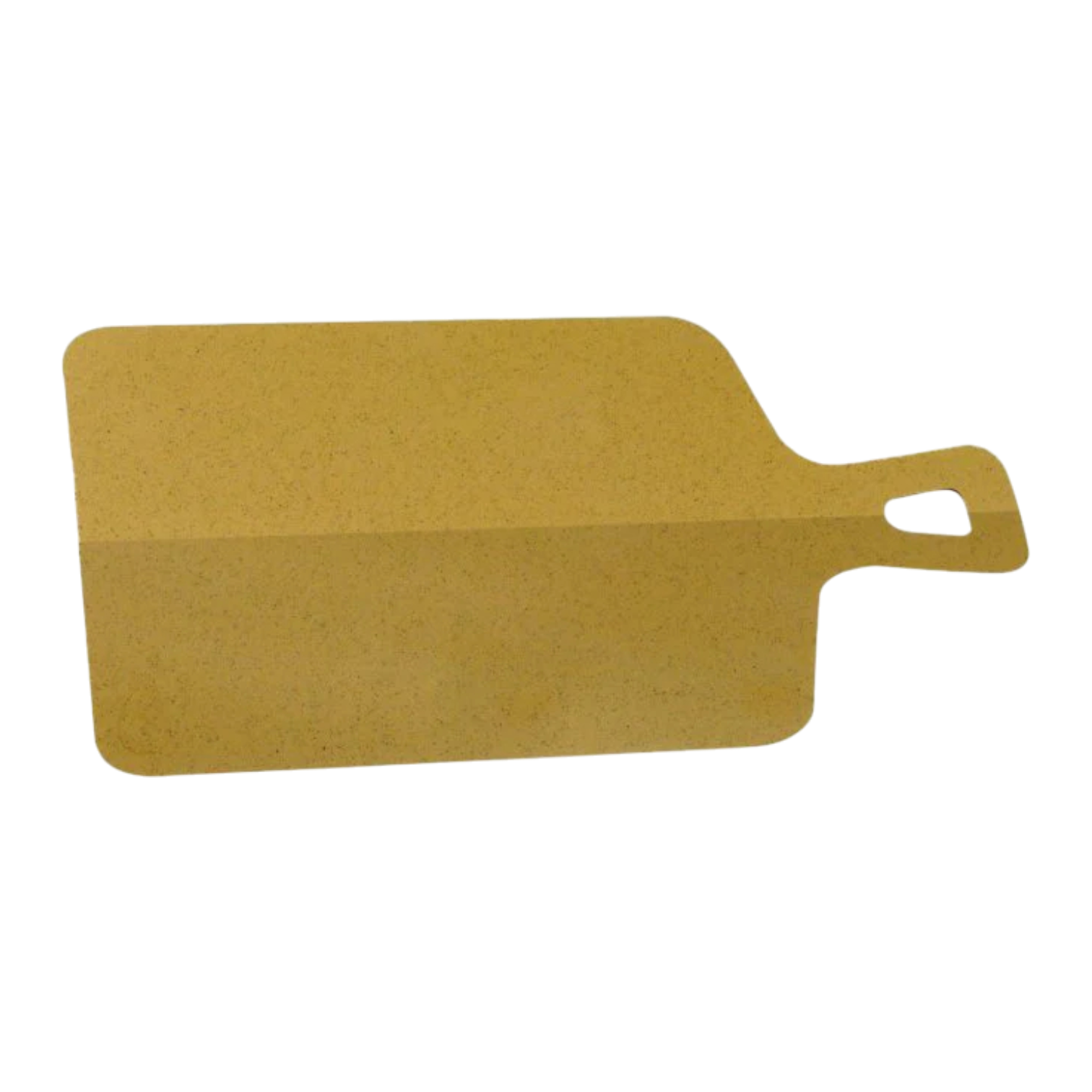 Yellow rectangular cutting board with a handle on a white background