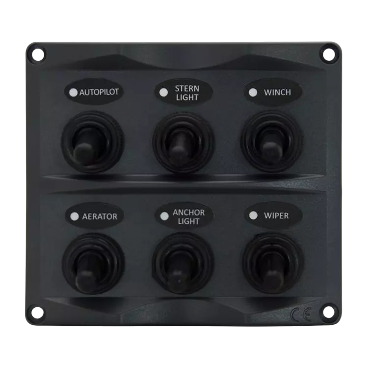 Black switch panel with labeled switches on a white background