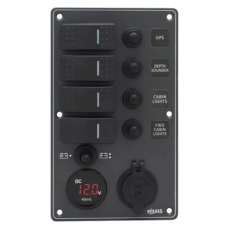 Black control panel with switches and indicators on a white background
