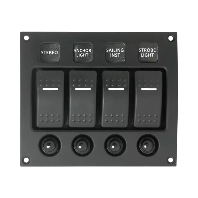 Black switch panel with labeled switches on a white background