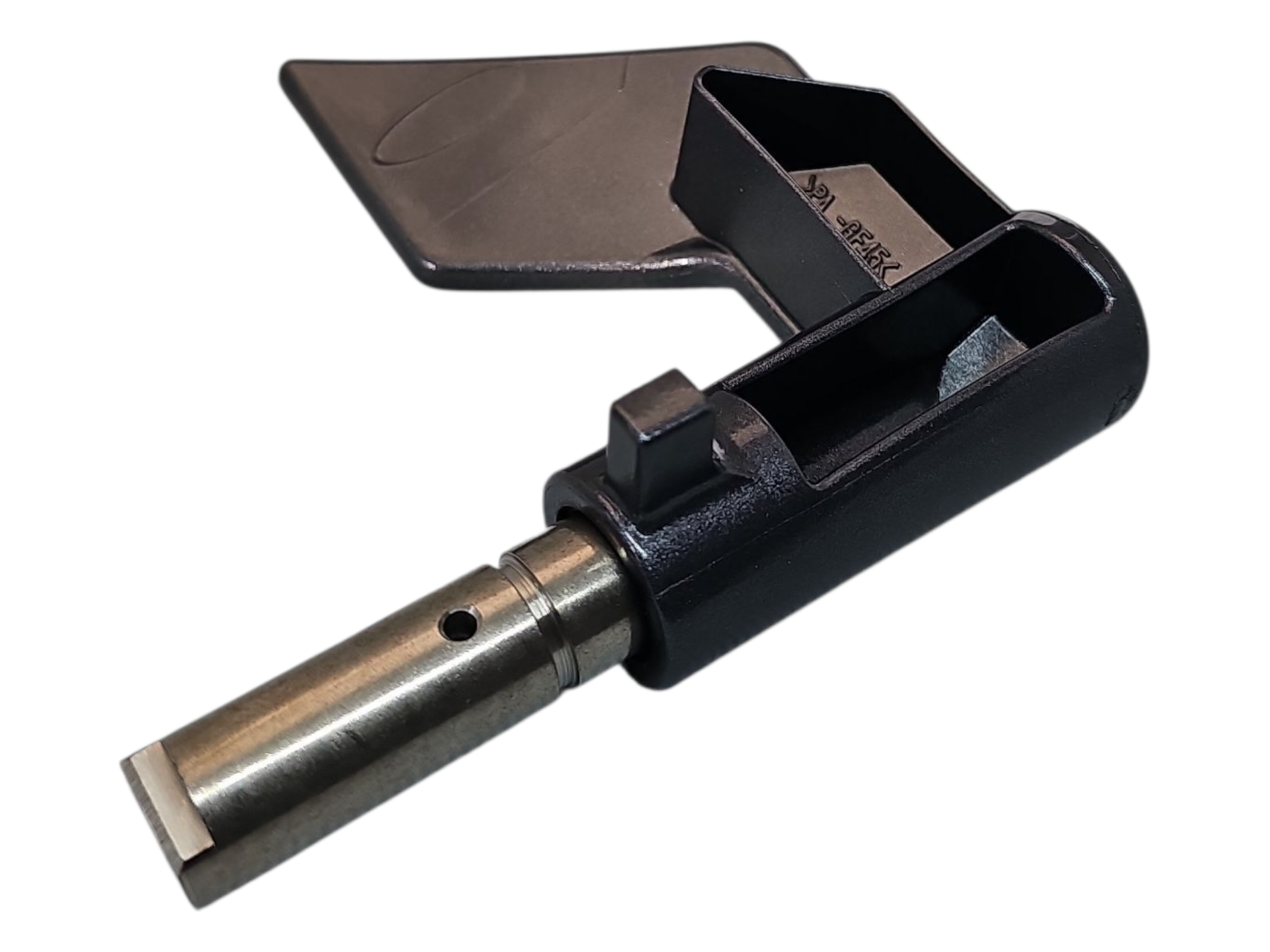 Black and silver tool on a white background