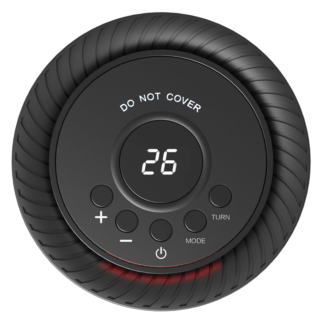 A round black heater or with a textured outer ring, a central display showing 26, and buttons labeled plus, minus, turn, and mode. White text on the face reads 'DO NOT COVER.