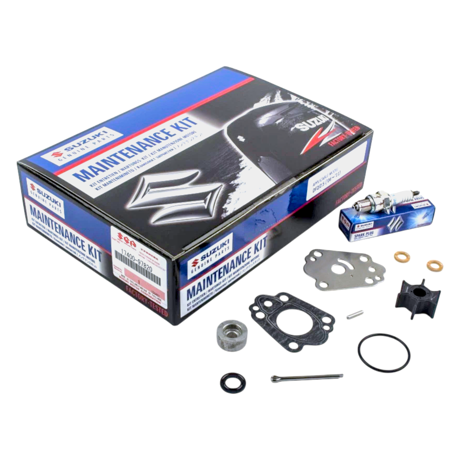 Genuine Suzuki 300hr/yearly service kit for DF2.5 models built between 2006 to 2011.