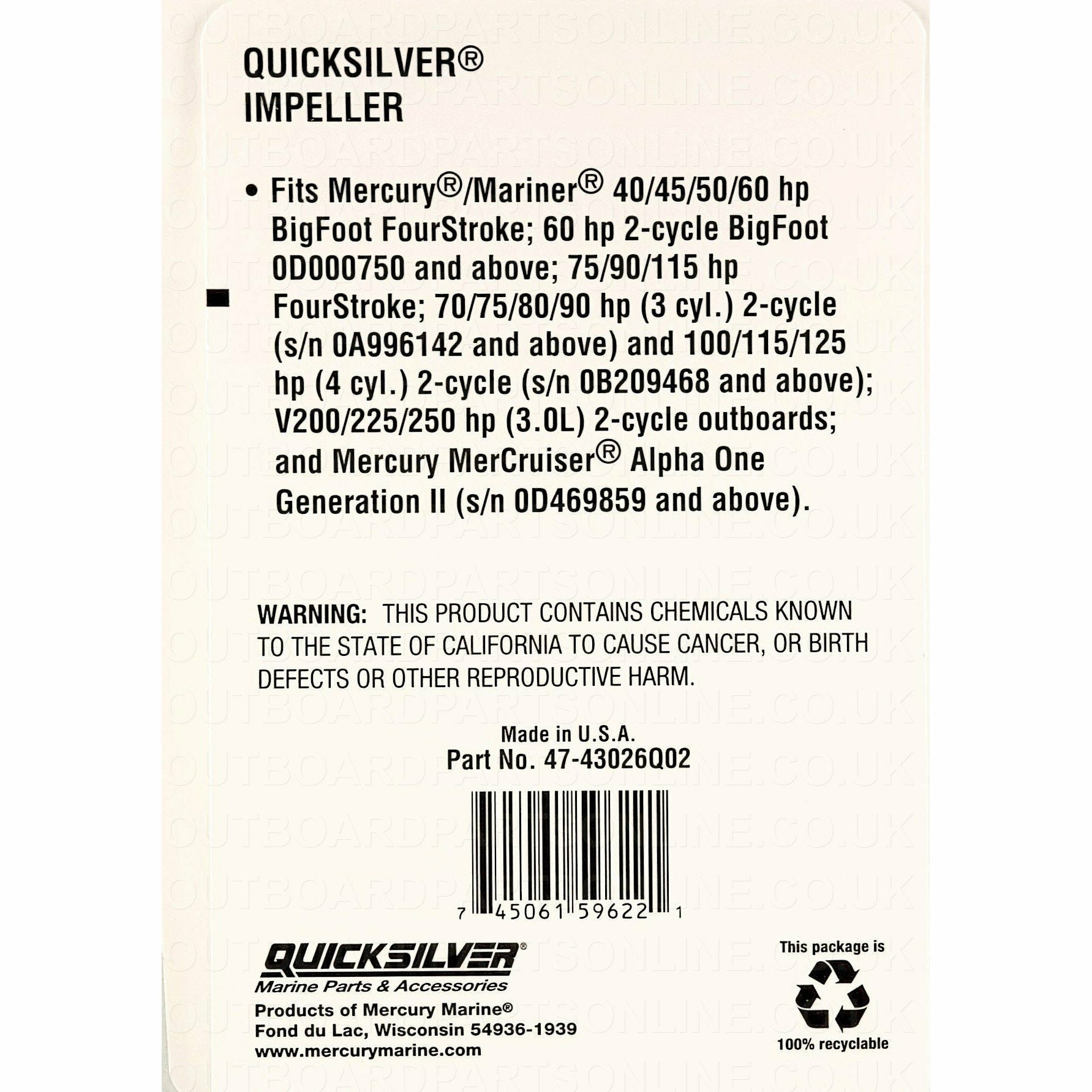 Mercury Mariner Impeller 75 to 300 HP Part no 47-43026Q02
